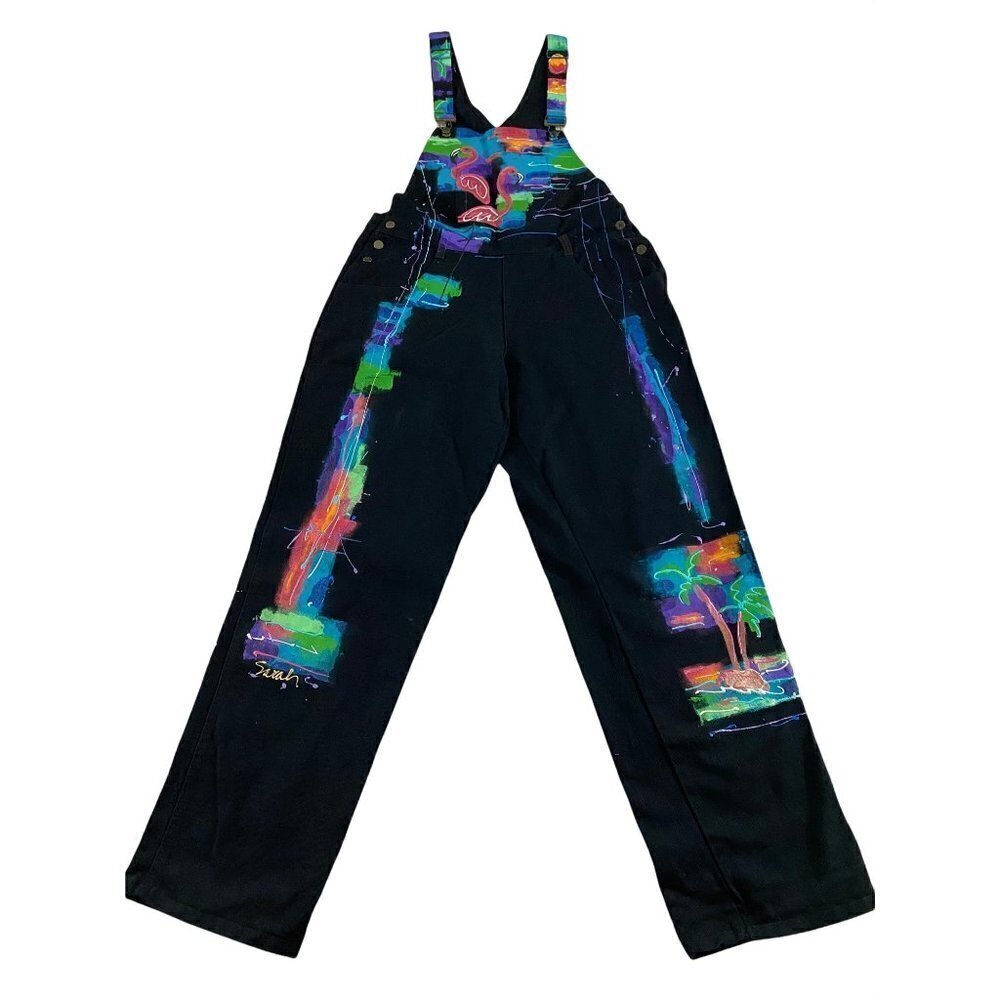 Sarah Handpainted Origionals Black Denim Overalls - XL